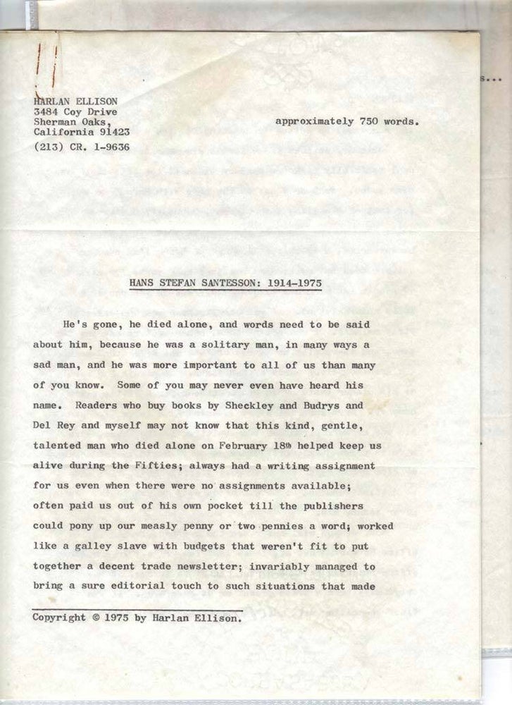 Item #30487 Typed document titled: Hans Stefan Santesson: 1914:-1975. Harlan Jay Ellison