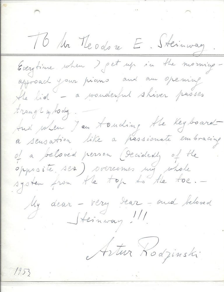 Item #30505 Signed tribute to Steinway & Sons. New York: 1953. Artur Rodzinski