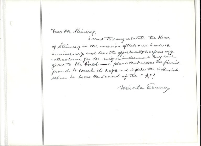 Item #30508 Signed tribute to Steinway & Sons. New York: 1953. Mischa Elman