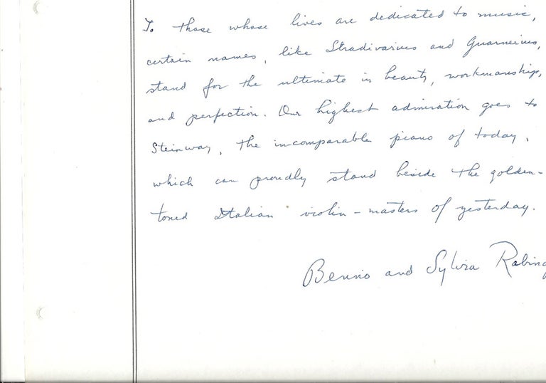 Item #30510 Signed tribute to Steinway & Sons. New York: 1953. Benno Rabinof, Sylvia.