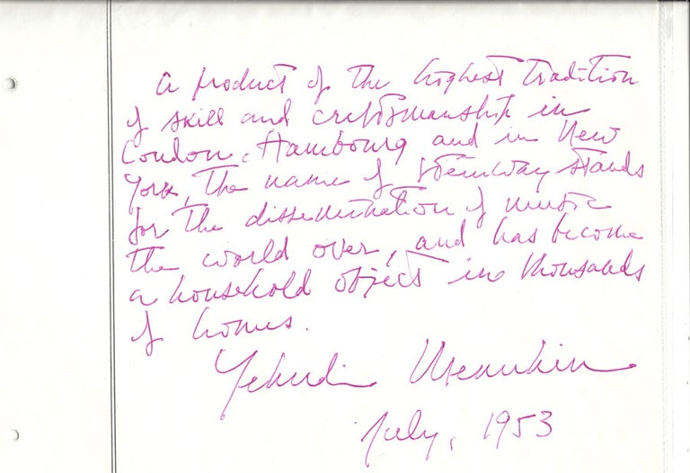 Item #30514 Signed tribute to Steinway & Sons. New York: 1953. Yehudi Menuhin.
