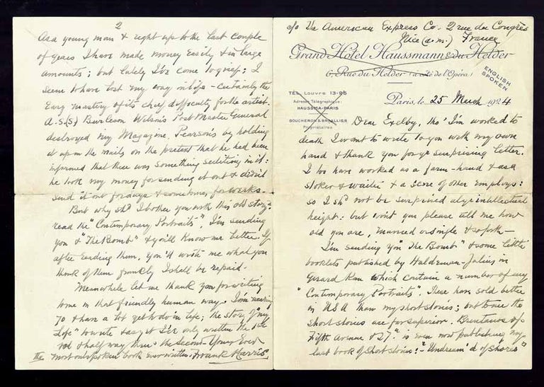 Item #30841 Autographed Letter, 25 March, 1924. Frank Harris.