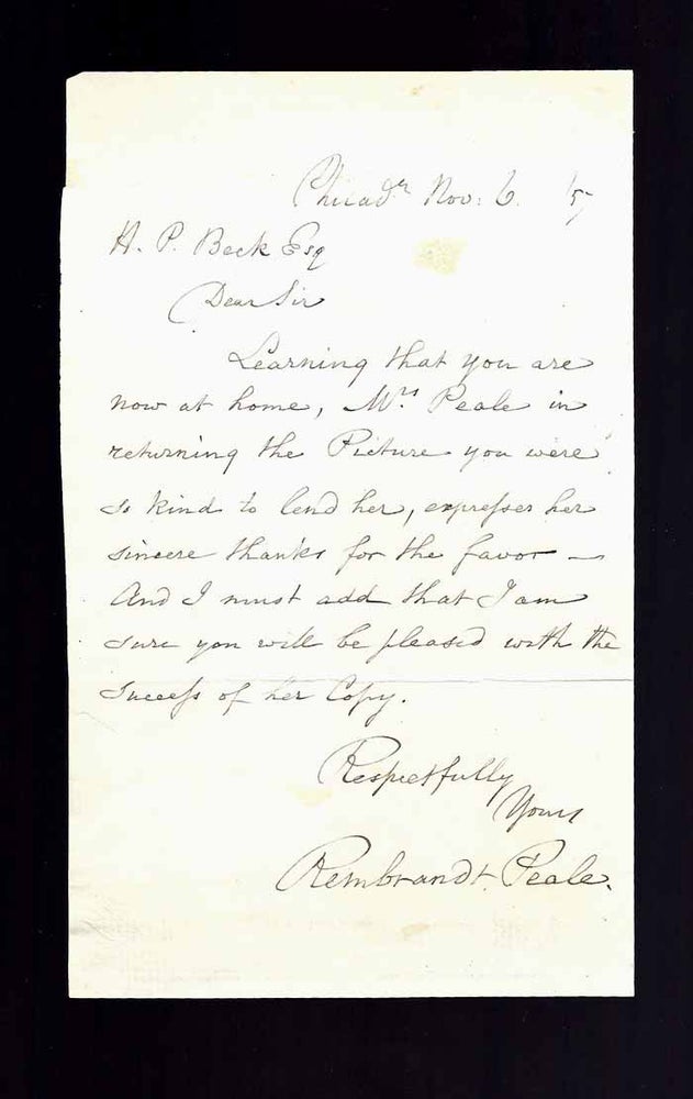 Item #30842 Autograph Letter Signed, November 6th 1857. Rembrandt Peale.