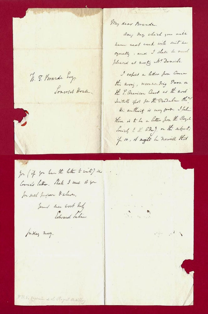 Item #30858 Autograph Letter regarding Pendulum experiments in S. America. General Sir Edward Sabine