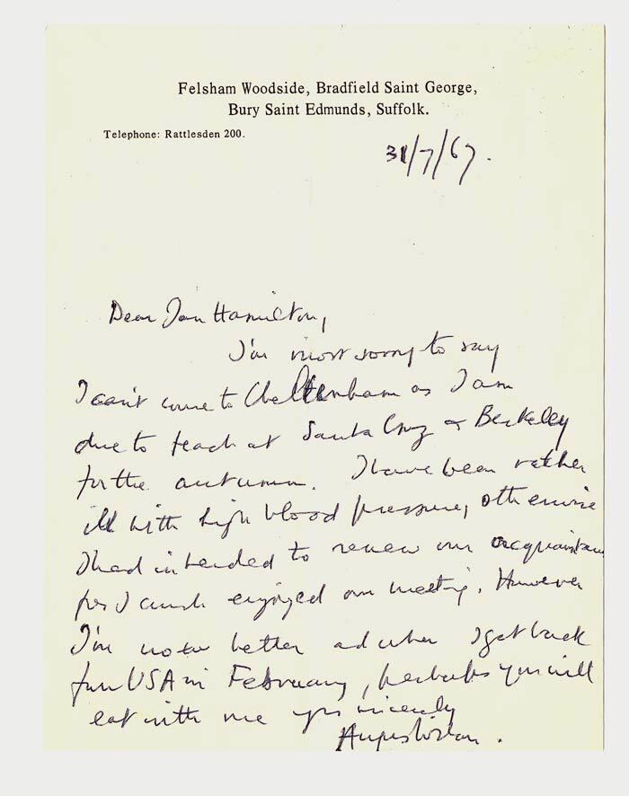 Item #30909 Autograph Letter addressed to Ian Hamilton. Signed. Angus Wilson