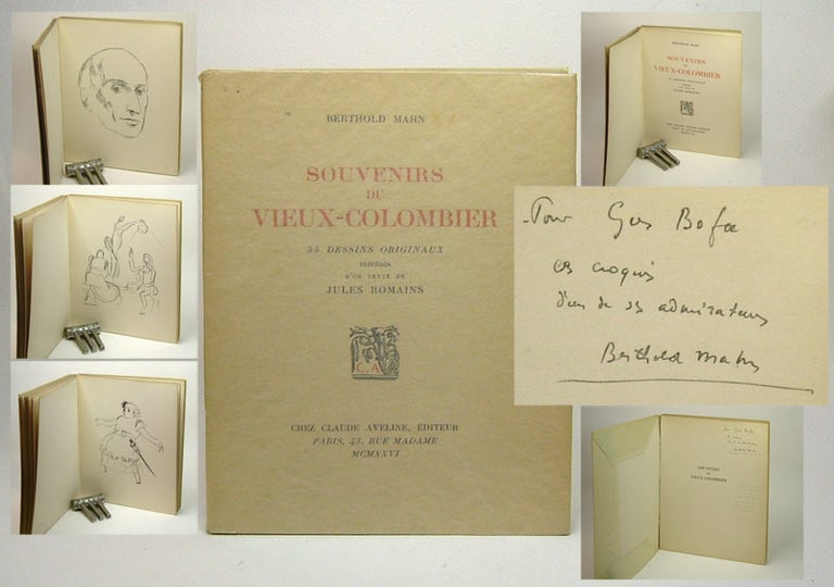 Item #30946 SOUVENIRS DU VIEUX-COLOMBIER, 55 dessins originaux précédés d'un texte de Jules Romains. Signed / Envoi de L'artiste. Berthold Mahn, Gus Bofa.