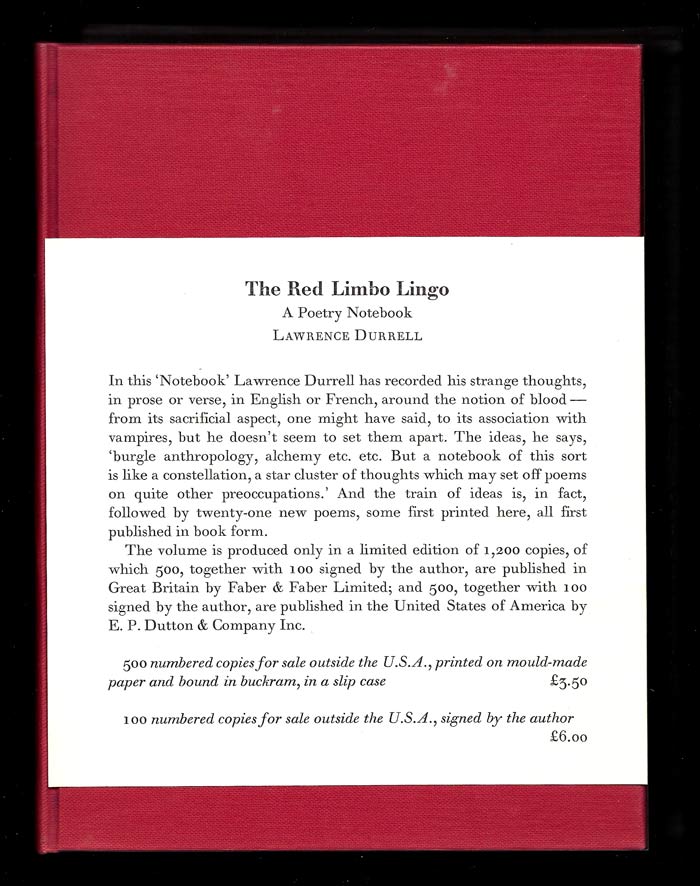 Item #31287 THE RED LIMBO LINGO. A Poetry Notebook. Signed. Lawrence Durrell.