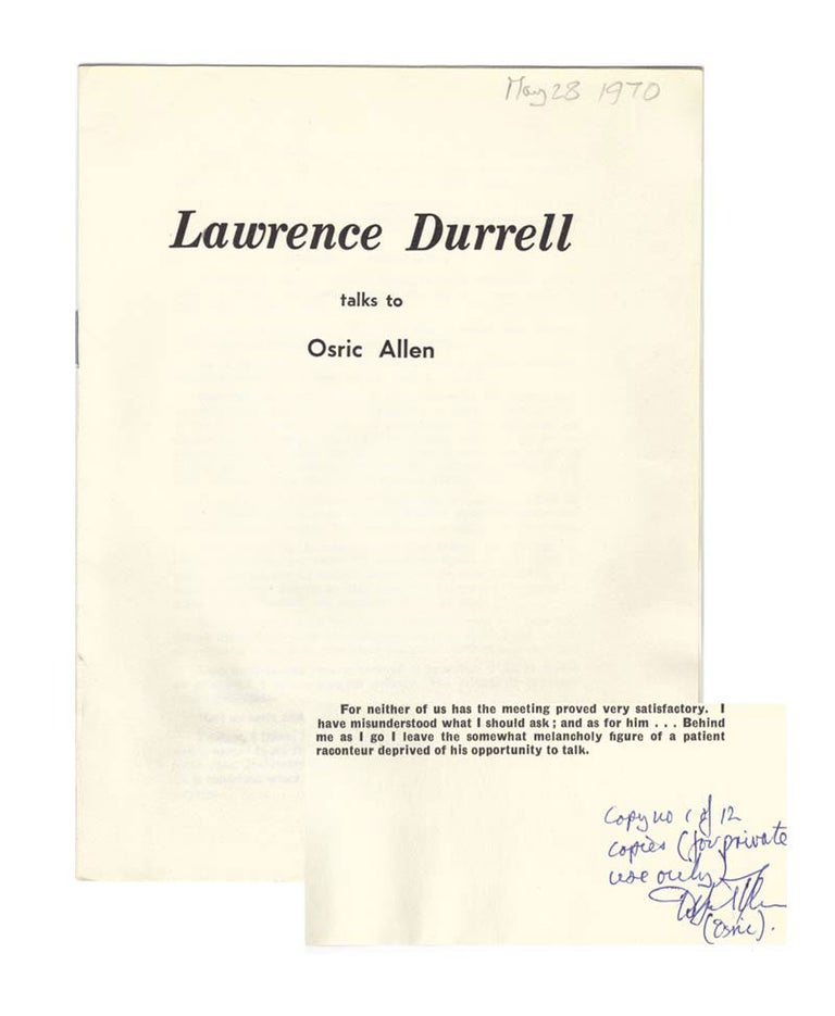 Item #31302 LAWRENCE DURRELL TALKS TO OSRIC ALLEN. Signed. Lawrence Durrell.