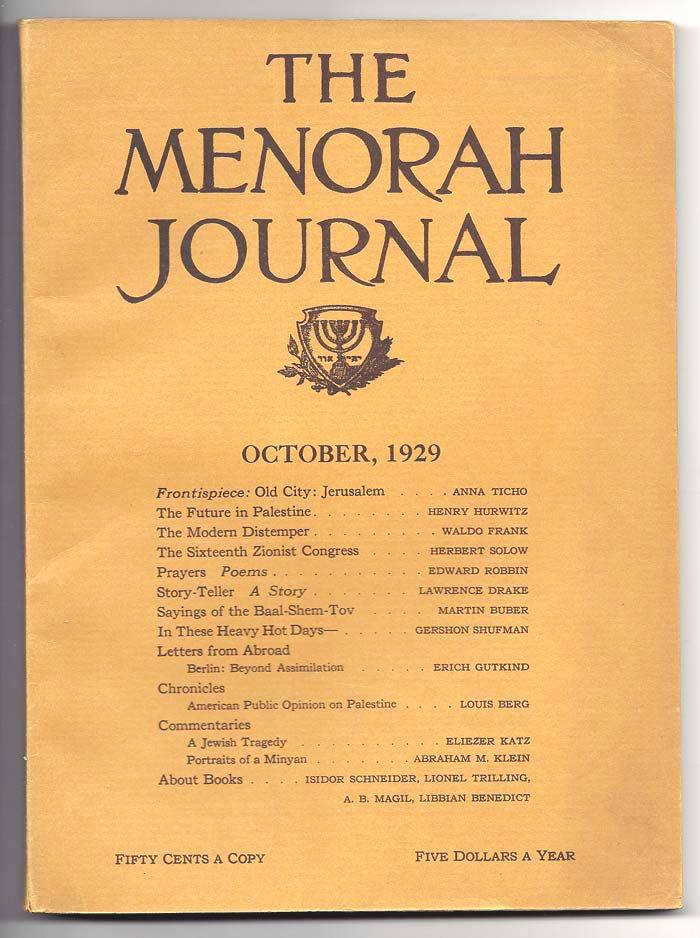 Item #31351 THE MENORAH JOURNAL. October 1929. Vol. XVII, No. 1. A. M. Klein, Buber.