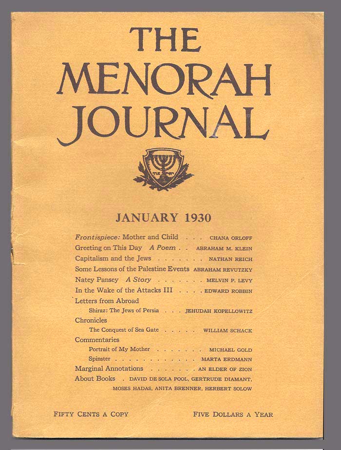 Item #31352 THE MENORAH JOURNAL. January 1930. Vol. XVIII, No. 1. A. M. Klein, Orloff