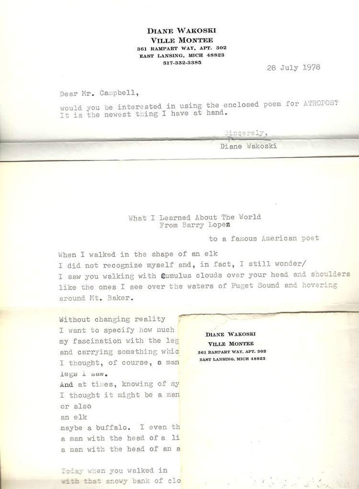 Item #31758 ONE PAGE TLS + TWO PAGE POEM "WHAT I LEARNED ABOUT THE WORLD FROM BARRY...