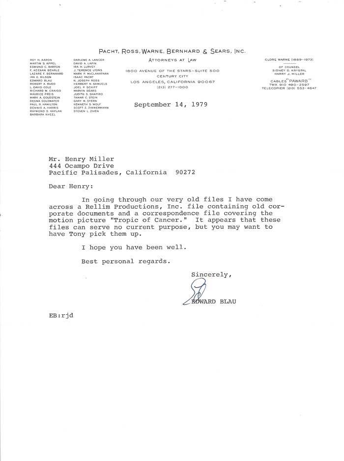 Item #31911 TYPED LETTER FROM HIS LAWYERS concerning Tropic of Cancer. Henry Miller