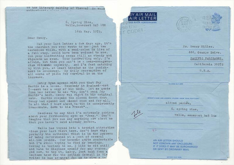 Item #31912 TYPED BLUE AIRMAIL LETTER FROM ALFRED PERLES, Henry Miller, Alfred Perlès