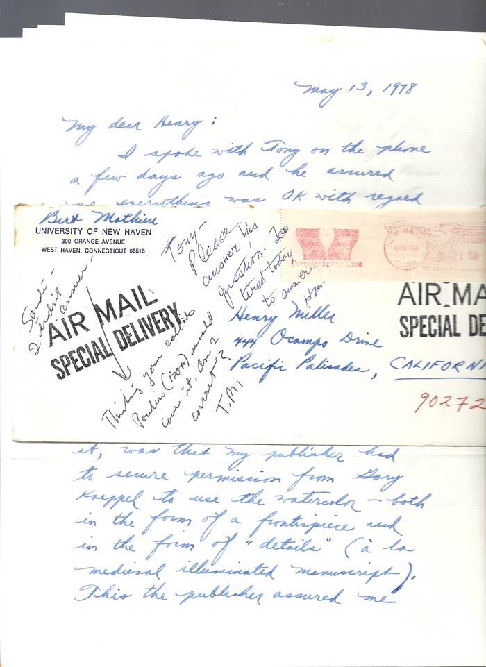 Item #31915 TERRIFIC 4 PAGE ALS FROM BERT MATHIEU May 13th, 1978. Henry Miller, Bert Mathieu