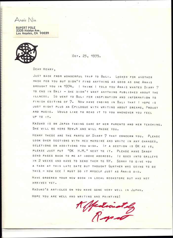 Item #31917 EXCELLENT 1 PAGE TLS FROM RUPERT POLE ON ANAIS NIN'S PRINTED LETTERHEAD Oct. 25,...