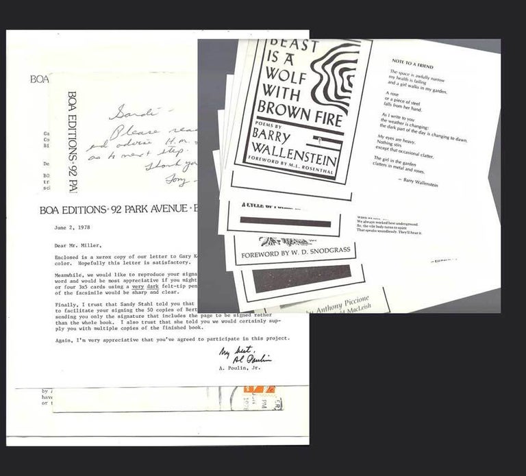 Item #31918 ONE PAGE TLS FROM BOA EDITIONS, with 6 PROMOTIONAL INSERTS, June 2nd, 1978. Henry...