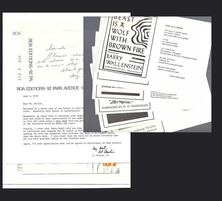Item #31918 ONE PAGE TLS FROM BOA EDITIONS, with 6 PROMOTIONAL INSERTS, June 2nd, 1978. Henry Miller, Jr. of BOA Editions A. Poulin.
