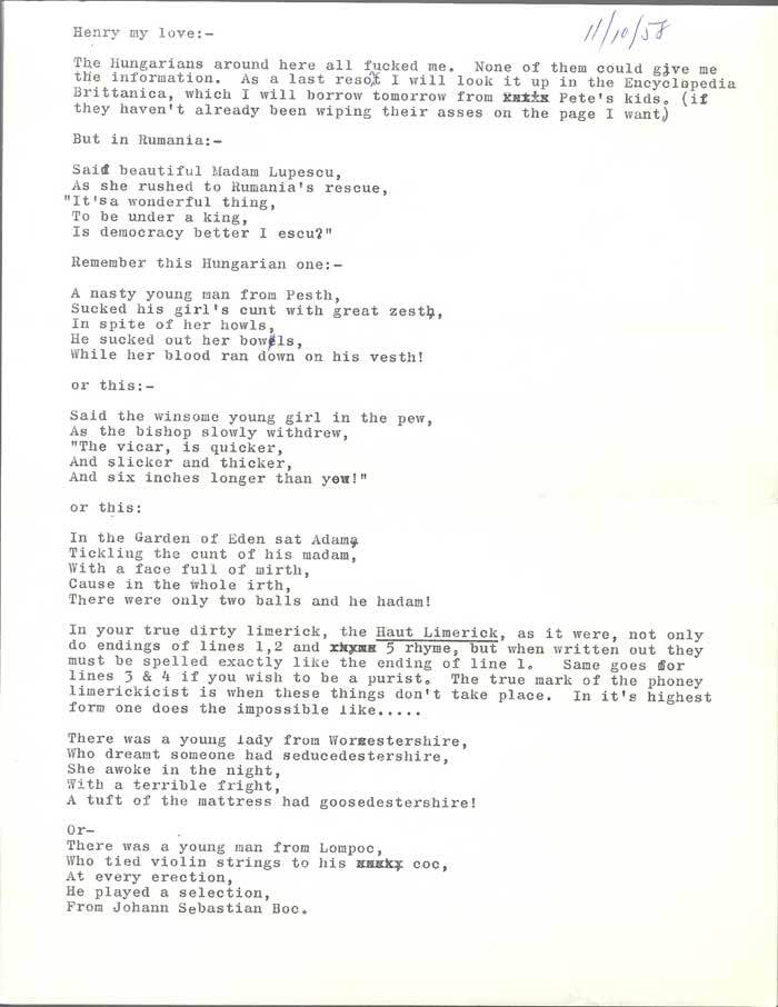 Item #31919 ONE PAGE TLS FROM ROBERT FINK 11/10/58. Henry Miller, Robert Fink