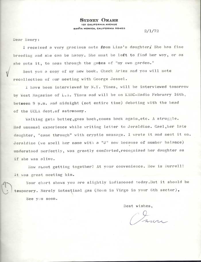 Item #31920 SMALL ARCHIVE OF 6 TYPED LETTER FROM SYDNEY OMARR TO HENRY MILLER, 1965 -1977. Henry Miller, Sydney Omarr.