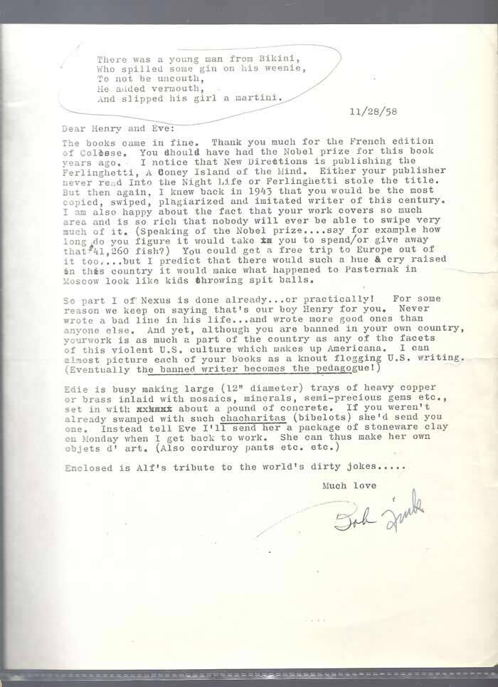 Item #31921 ONE PAGE TLS FROM ROBERT FINK 11/28/58. Henry Miller, Robert Fink