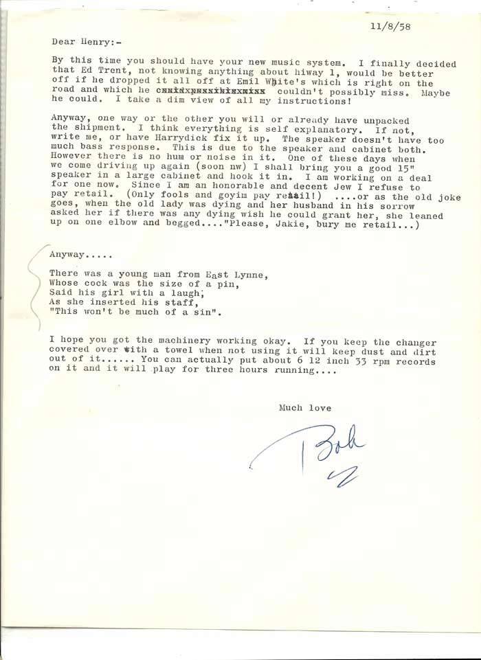 Item #31922 ONE PAGE TLS FROM ROBERT FINK 11/08/58. Henry Miller, Robert Fink