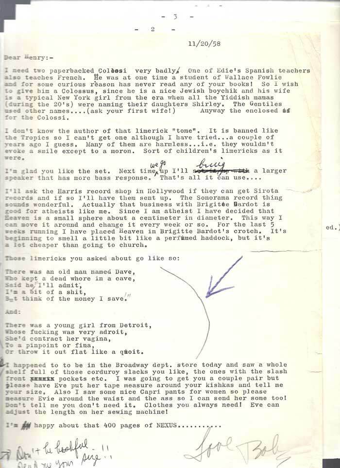 Item #31923 FOUR PAGE TLS FROM ROBERT FINK 11/20/58. Henry Miller, Robert Fink