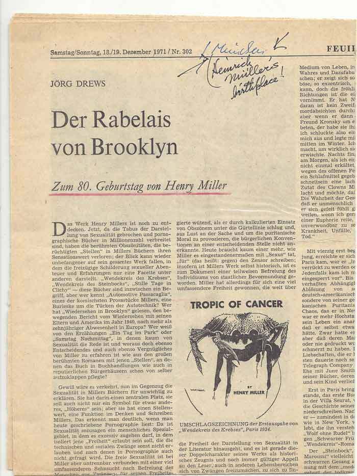Item #31925 NEWSPAPER STORY "DER RABELAIS VON BROOKLYN" IN GERMAN with Miller's...