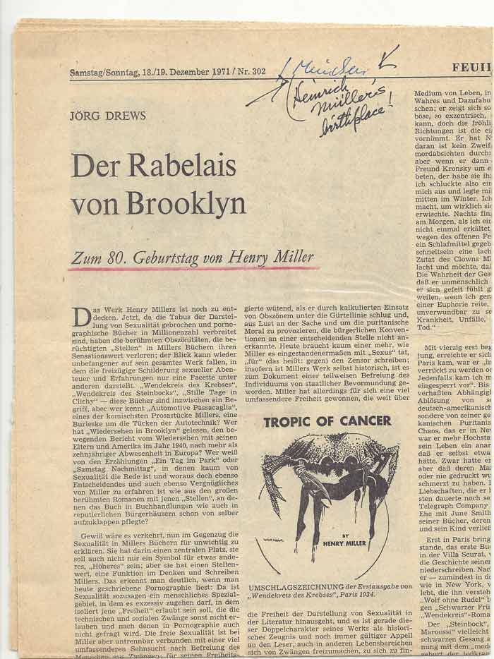 Item #31925 NEWSPAPER STORY "DER RABELAIS VON BROOKLYN" IN GERMAN with Miller's Holograph Note....