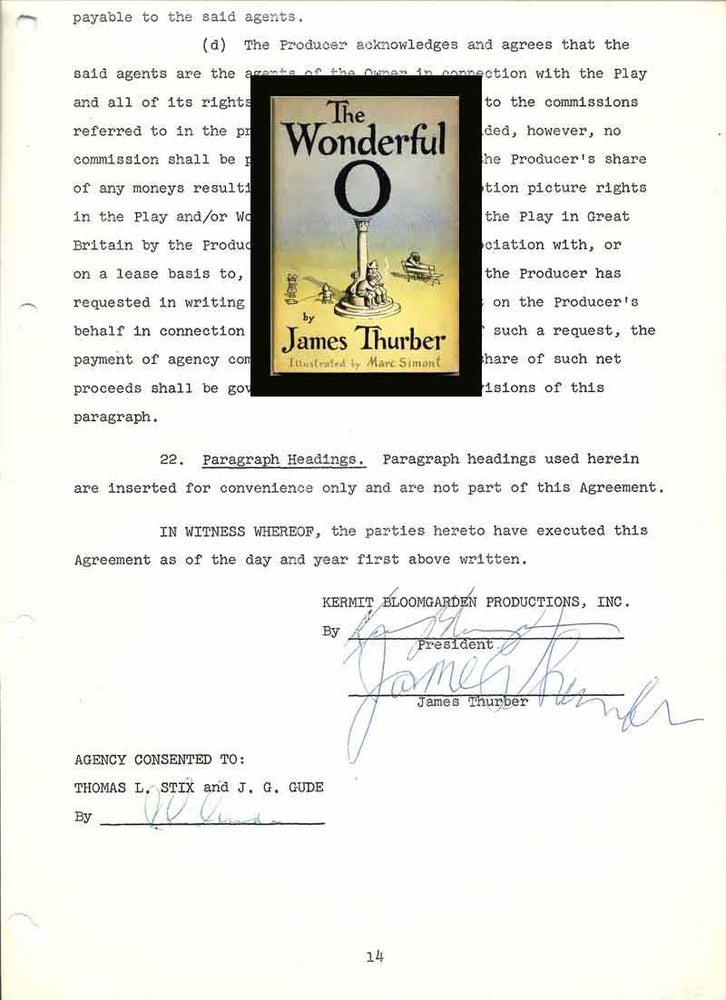 Item #32039 Typed Contract Signed. [THE WONDERFUL O]. James Thurber.