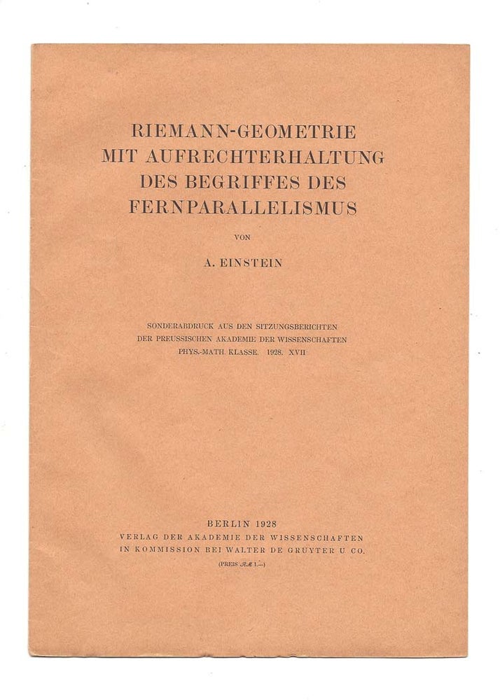 Item #32431 Riemann-Geometrie mit Aufrechterhaltung des Begriffes des Fernparallelismus. Albert...