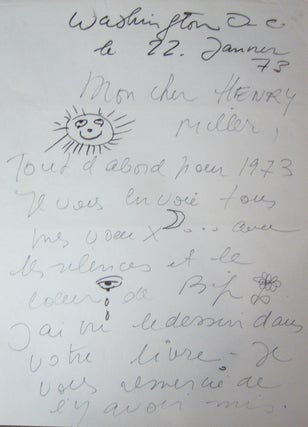 Marceau, Marcel. [Henry Miller]. Autographed & Illustrated Letter Signed. [SMILE AT THE FOOT OF THE LADDER]