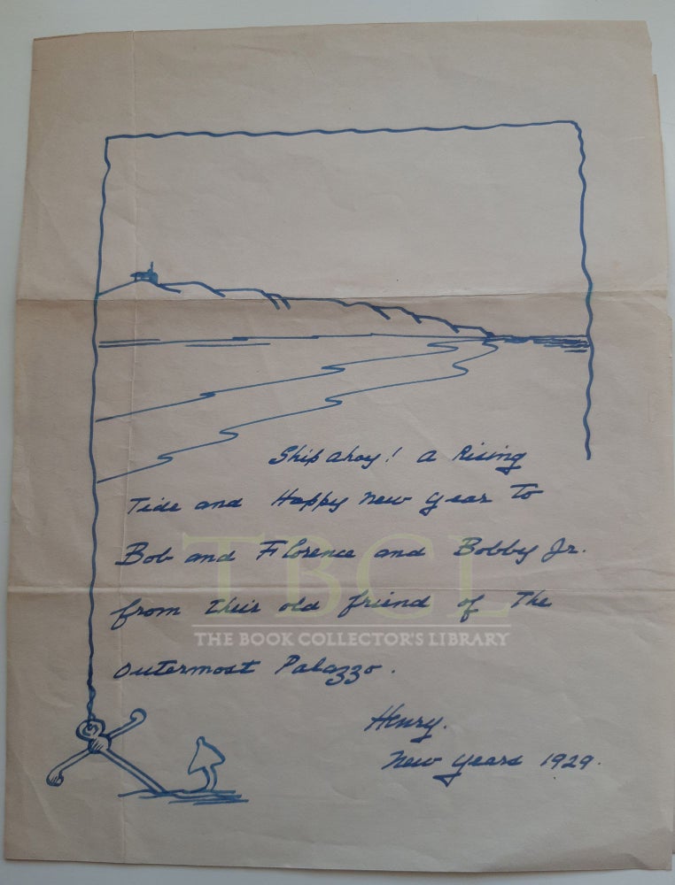 Item #33014 A RARE FIND - FROM TBCL'S PRIVATE BESTON COLLECTION. Early 1929 drawing and personal greeting by Henry Beston! Henry Beston.