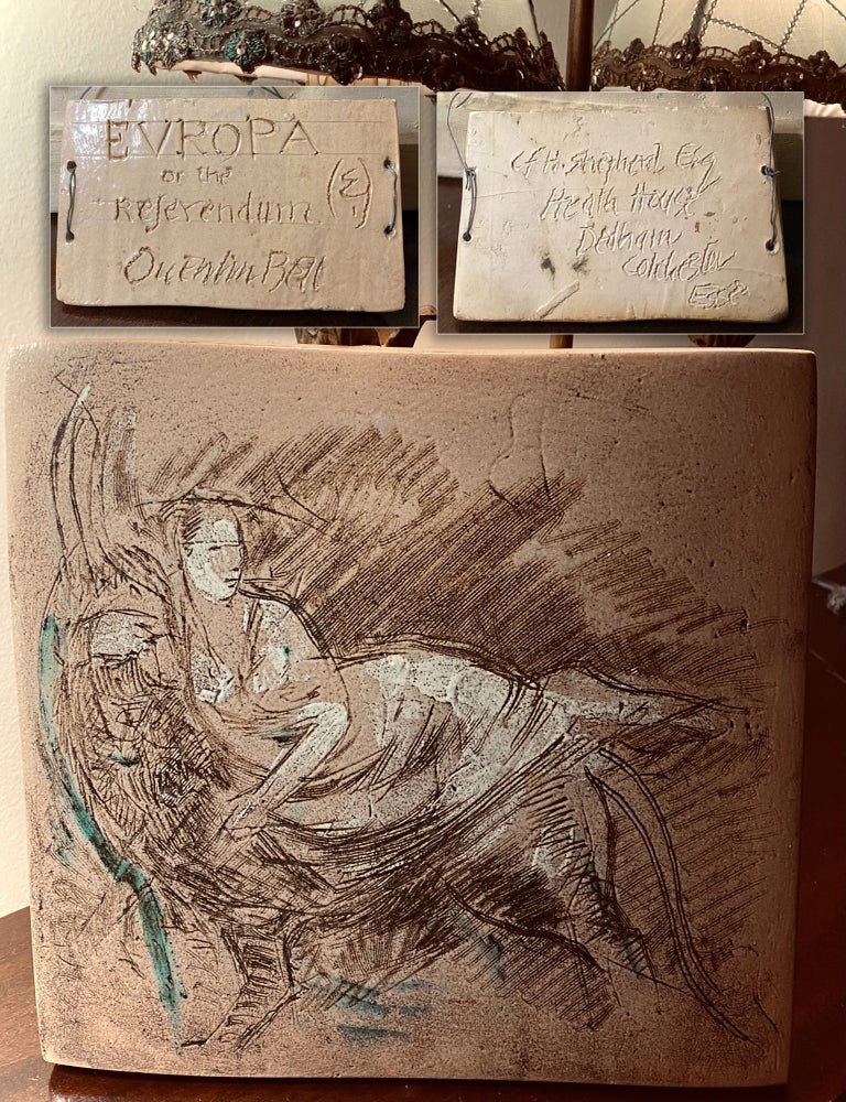 Item #33297 RARE GLAZED CERAMIC ARTWORK - PORTRAIT OF A RECLINING WOMAN ON A BULL. Quentin Bell