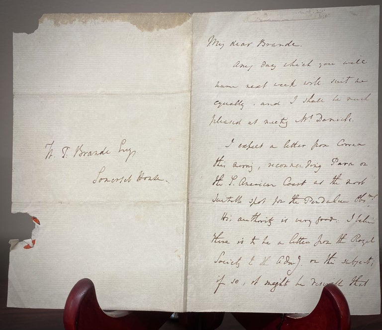 Item #33406 Autograph Letter regarding Pendulum experiments in S. America. General Sir Edward Sabine