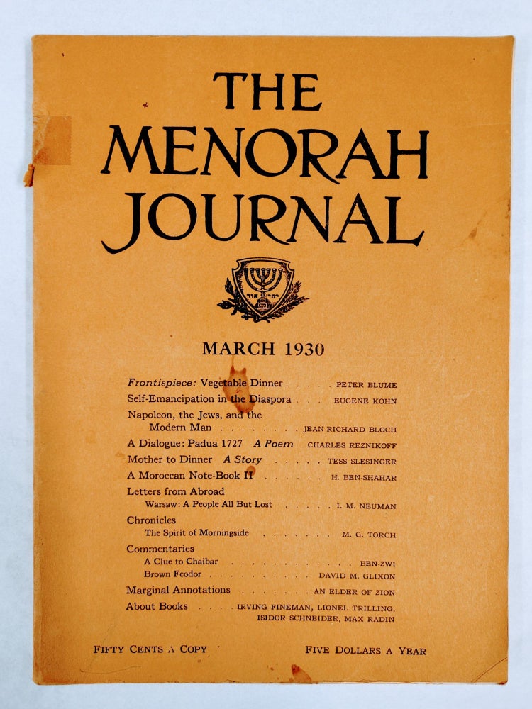 Item #33435 A DIALOGUE: PADUA 1727 - A POEM. In "The Menorah Journal". Vol. XVIII. No. 3. Charles...