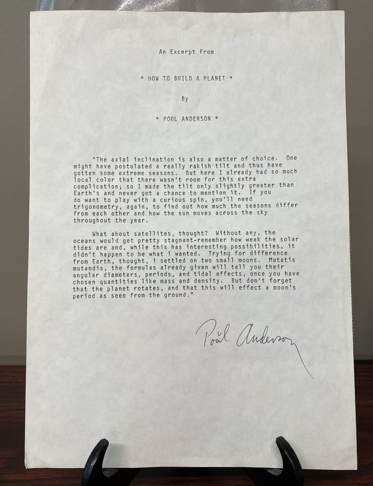 Item #33457 HOW TO BUILD A PLANET. Signed Typescript. Poul Anderson