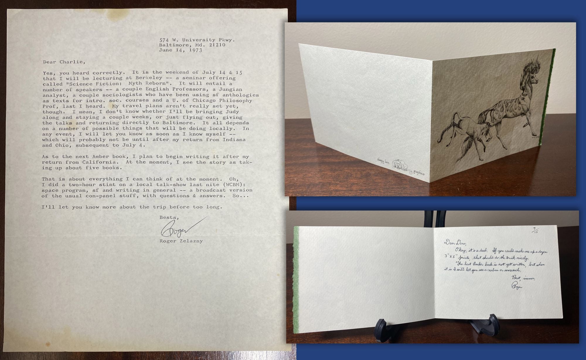 Zelazny, Roger - 1 Autograph Letter Typed and Signed (Als) Plus 1 Handwritten Note Card Signed