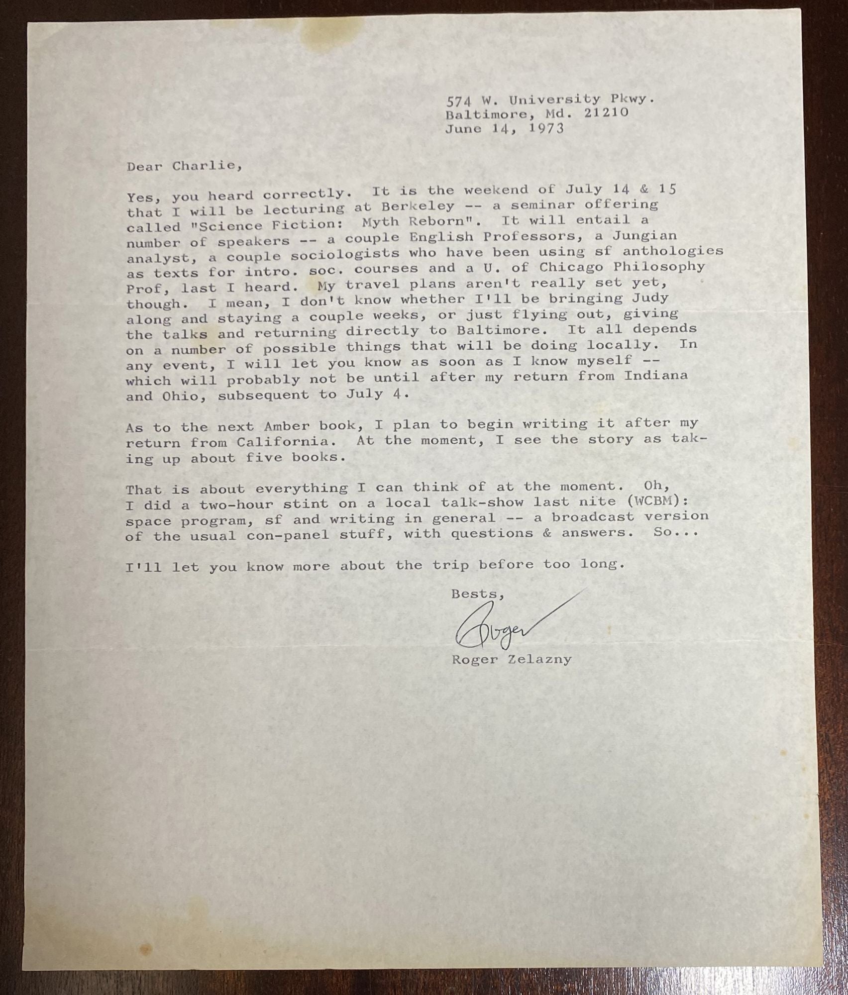 Zelazny, Roger - 1 Autograph Letter Typed and Signed (Als)