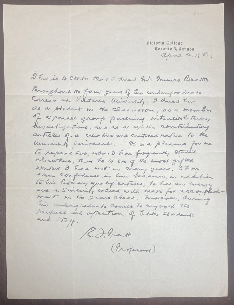 Item #33642 HANDWRITTEN LETTER OF RECOMMENDATION FROM E.J.PRATT ABOUT MUNRO BEATTIE with second...