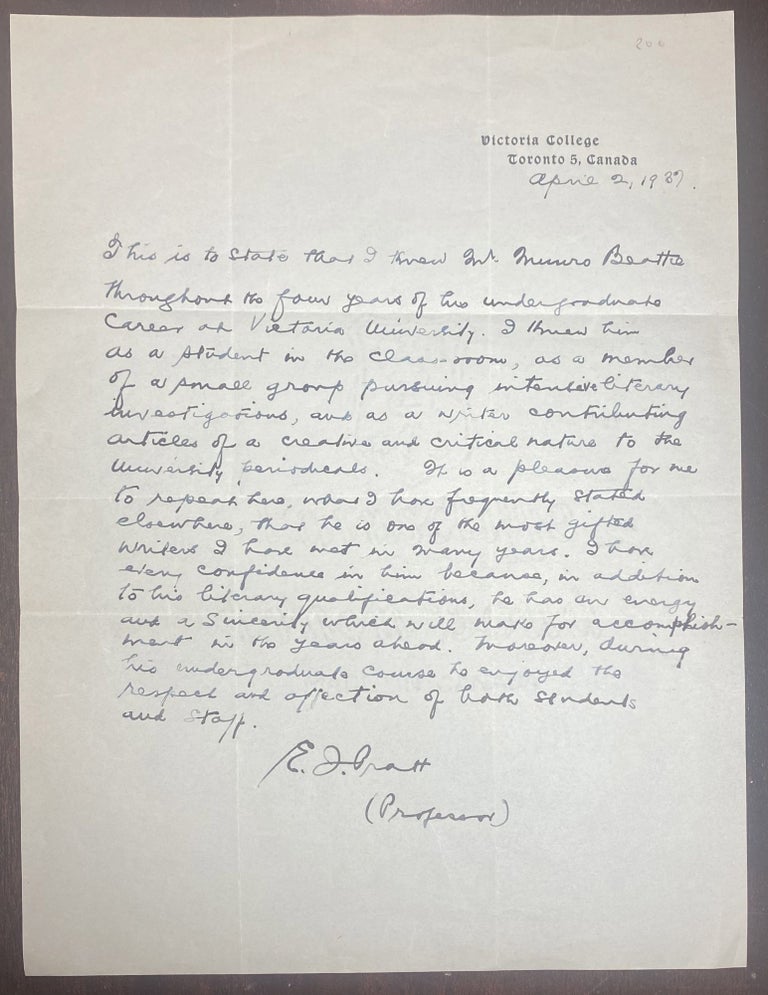 Item #33642 HANDWRITTEN LETTER OF RECOMMENDATION FROM E.J.PRATT ABOUT MUNRO BEATTIE with second typed copy. E. J. Pratt, Munro Beattie.
