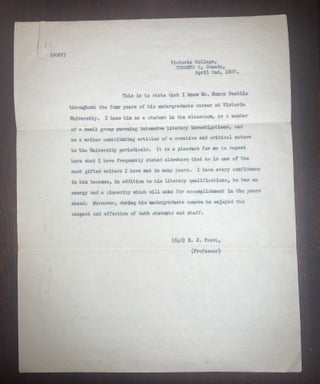HANDWRITTEN LETTER OF RECOMMENDATION FROM E.J.PRATT ABOUT MUNRO BEATTIE with second typed copy.