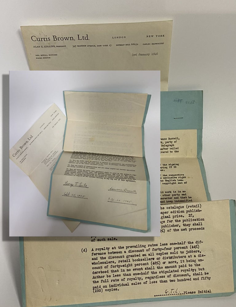 Item #33971 ORIGINAL CONTRACT Signed by Durrell. Lawrence Durrell