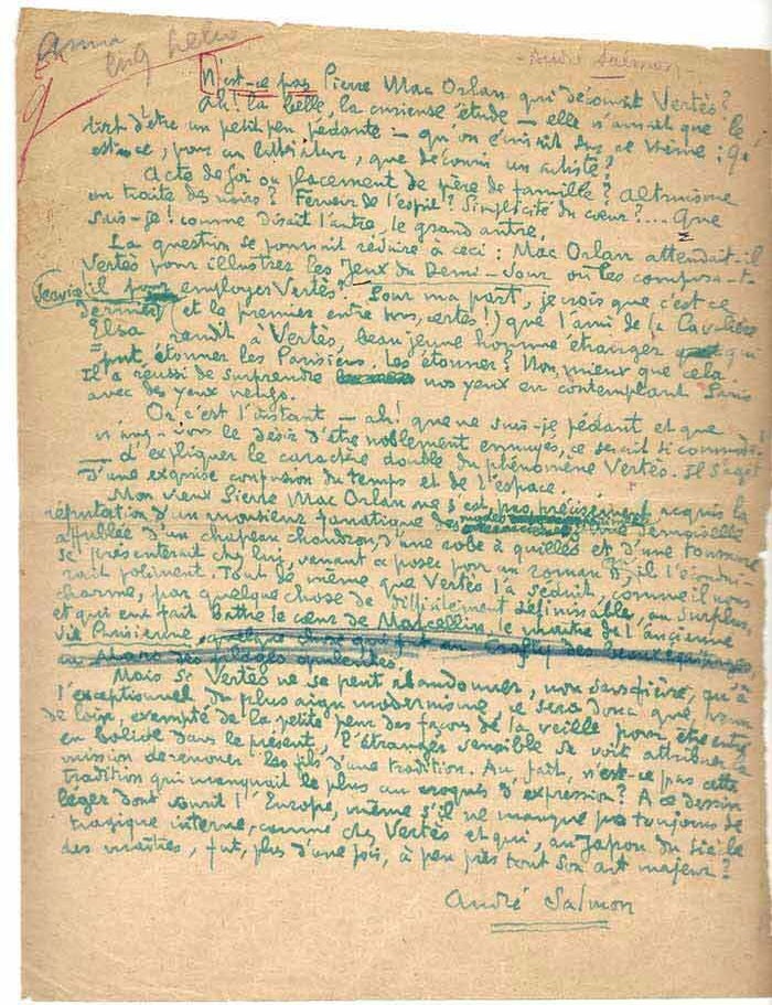 Item #34190 Marcel Vert&egrave;s. Manuscript handwritten by Andr&eacute; Salmon. Andr&eacute; Salmon