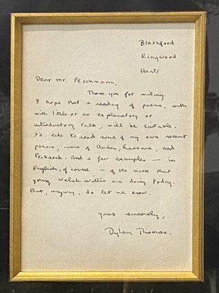 ORIGINAL handwritten letter penned by Dylan Thomas to Mr. Hermann Peschmann