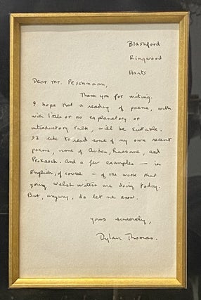 ORIGINAL handwritten letter penned by Dylan Thomas to Mr. Hermann Peschmann