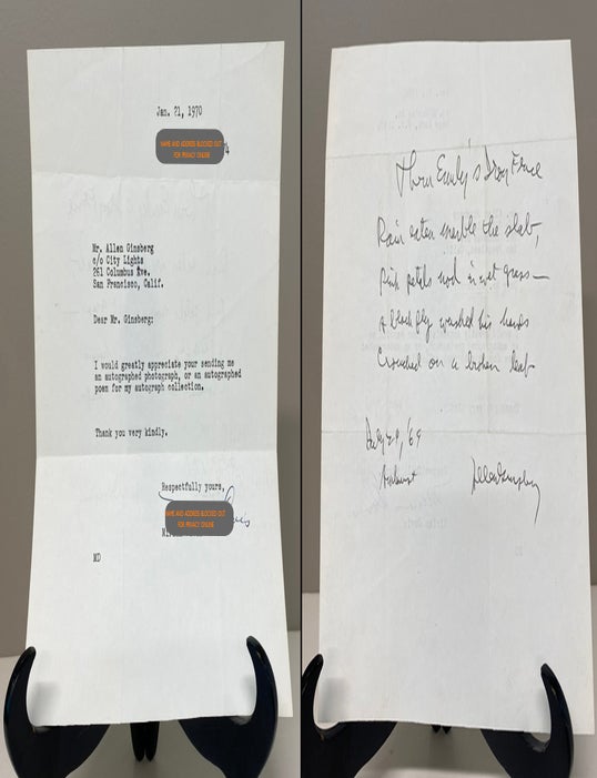 Item #34199 AUTOGRAPH POEM penned by Ginsberg with TLS Request. Allen Ginsberg