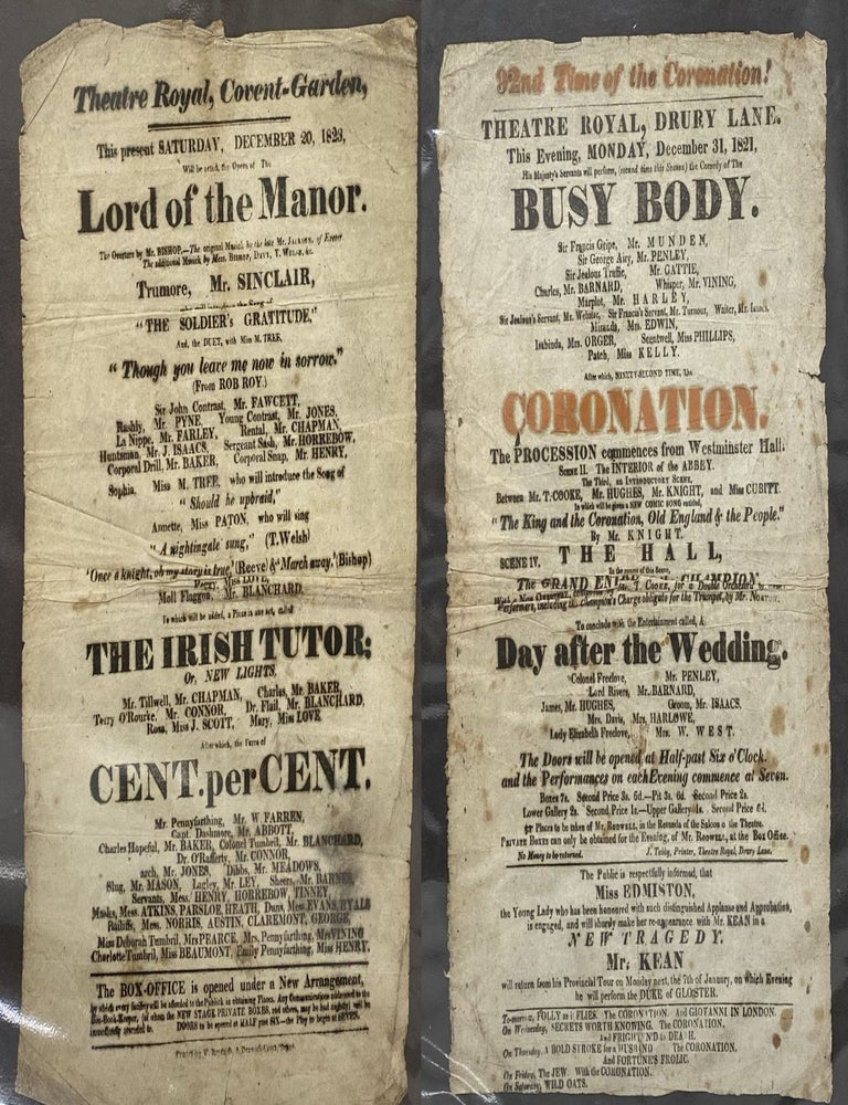 Item #34215 TWO HISTORIC THEATRE ROYAL PLAYBILLS (Early 1820's). Covent Garden, Drury Lane