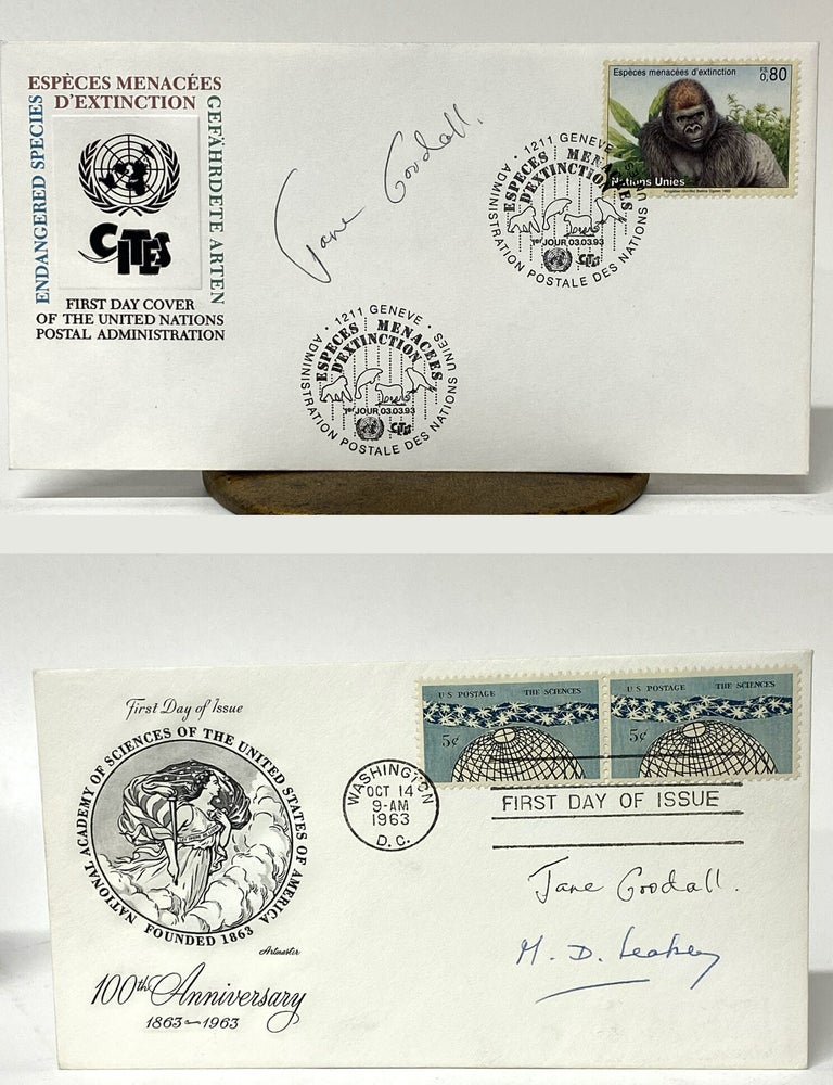 Item #34351 TWO SIGNED FIRST DAY COVERS. signed by both Goodall and Leakey. Jane Goodall, Mary...