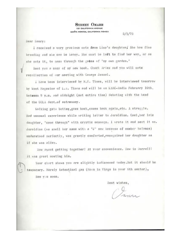 Item #34372 SMALL ARCHIVE OF 6 TYPED LETTER FROM SYDNEY OMARR TO HENRY MILLER, 1965 -1977 from...