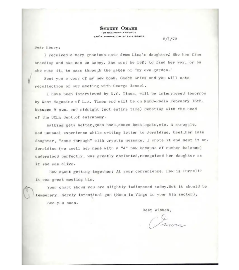 Item #34372 SMALL ARCHIVE OF 6 TYPED LETTER FROM SYDNEY OMARR TO HENRY MILLER, 1965 -1977 from...